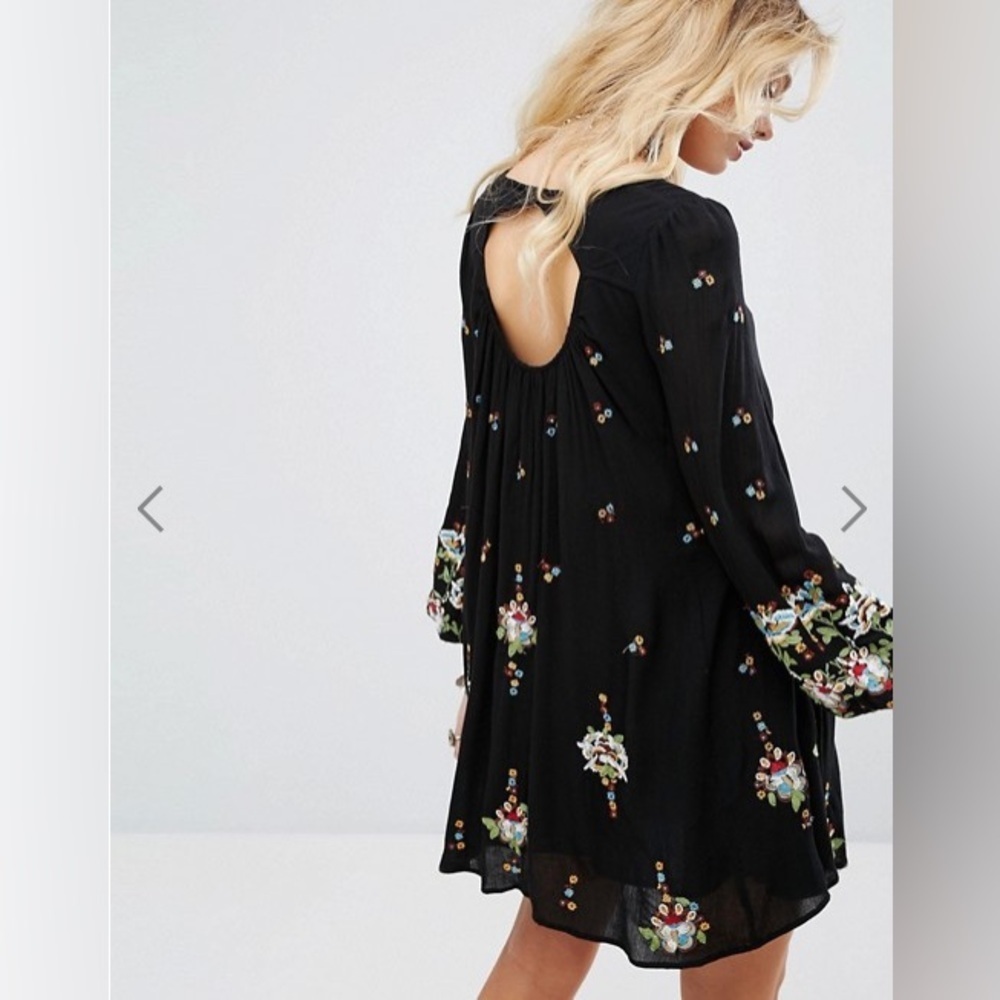 Free People Oxford Black Embroidered Balloon Sleeve Boho Mini Dress Tunic, M - Picture 2 of 14
